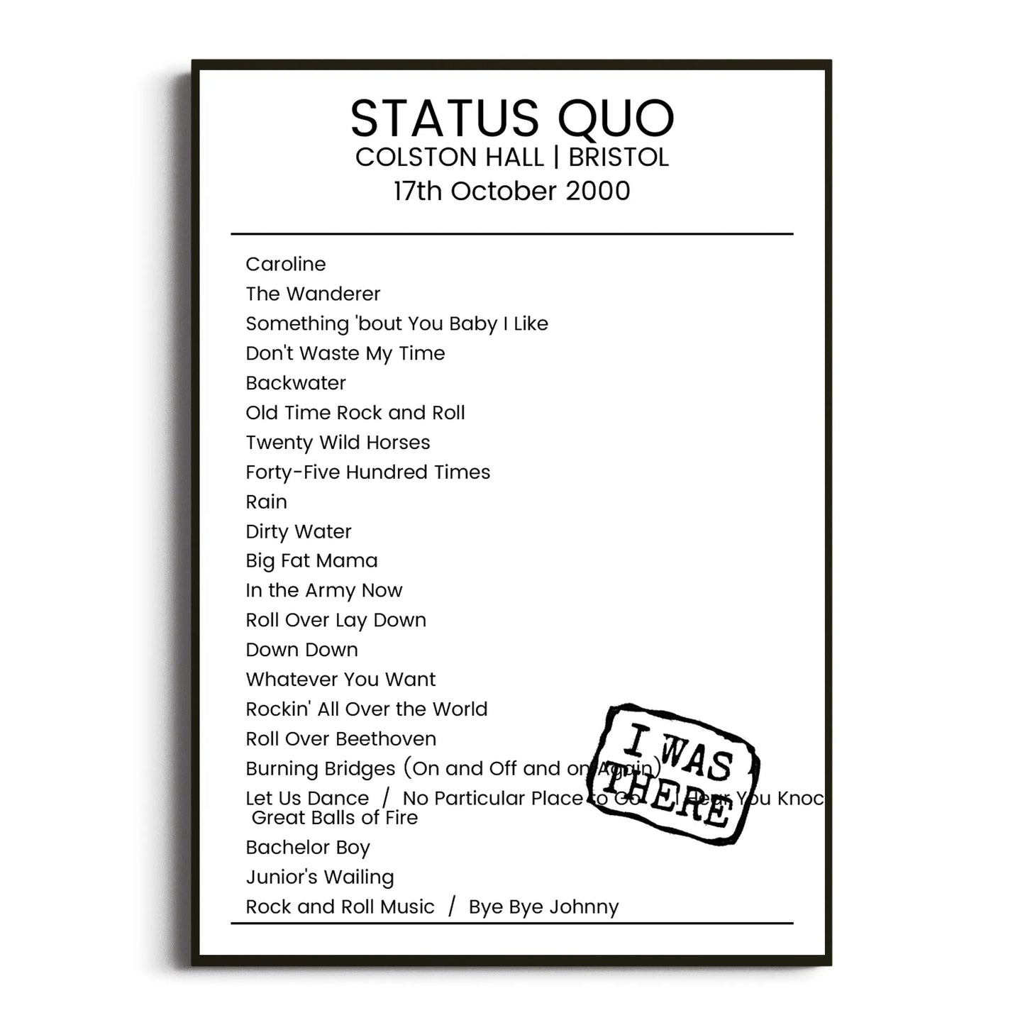 Status Quo Bristol 17 October 2000 Setlist Poster