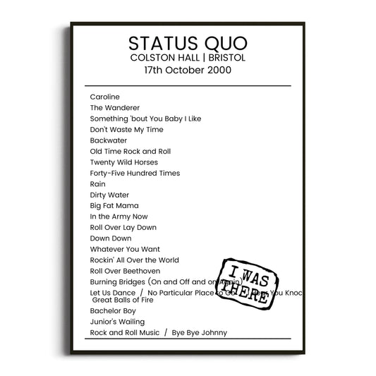 Status Quo Bristol 17 October 2000 Setlist Poster