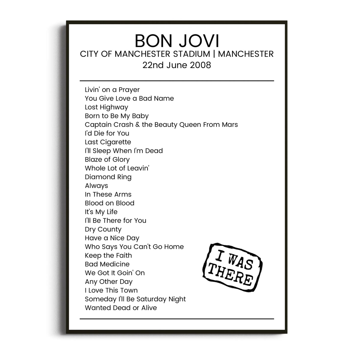 Bon Jovi Manchester 22 June 2008 Setlist Poster