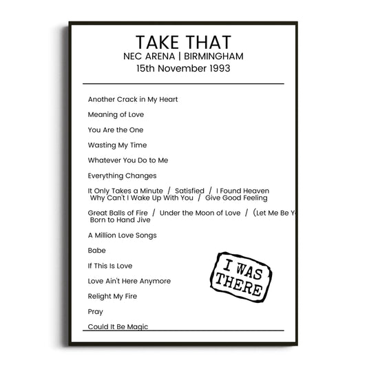 Take That Birmingham 15 November 1993 Setlist Poster