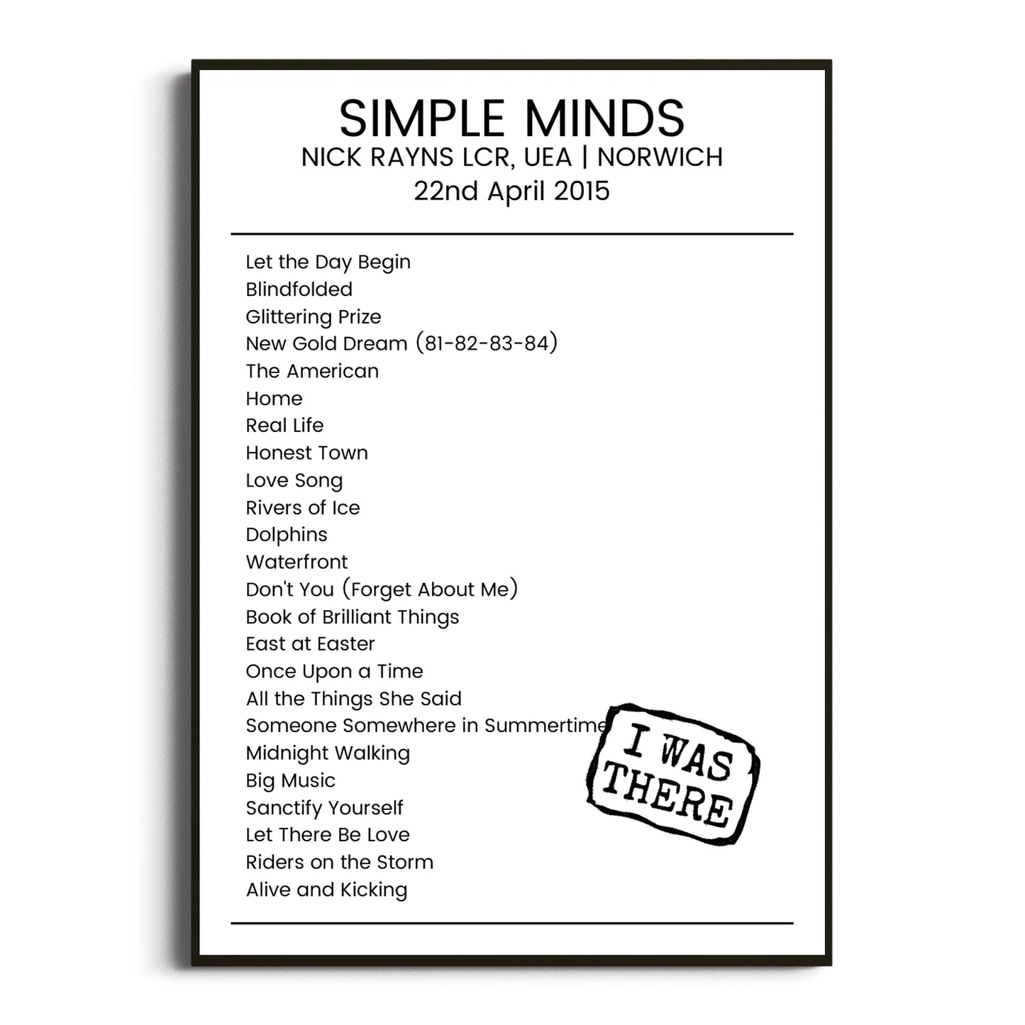 Simple Minds Norwich 22 April 2015 Setlist Poster