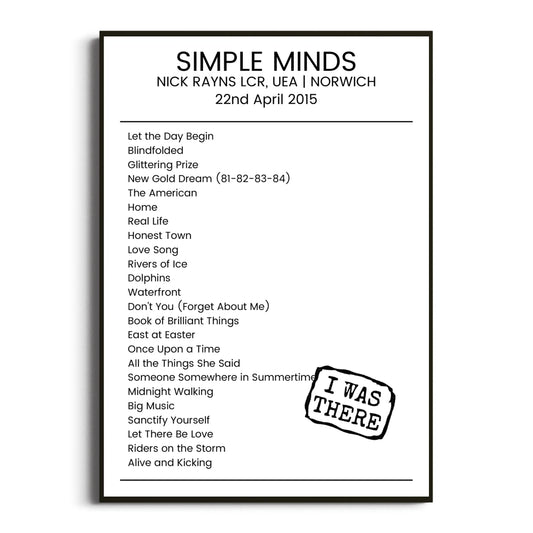 Simple Minds Norwich 22 April 2015 Setlist Poster