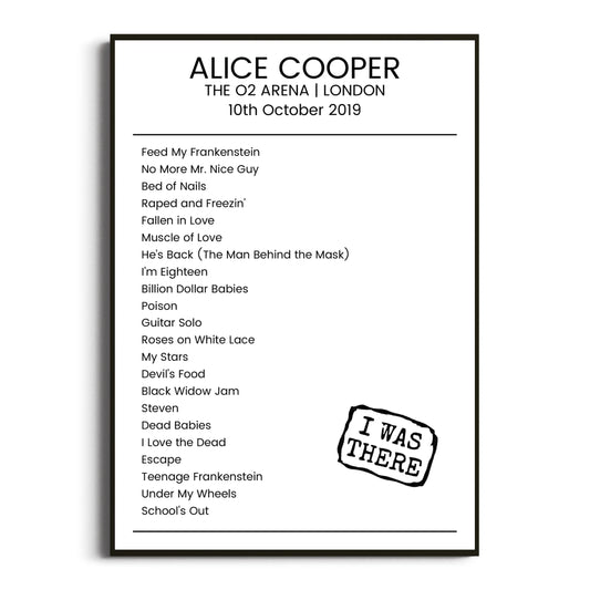 Alice Cooper London 10 October 2019 Setlist Poster