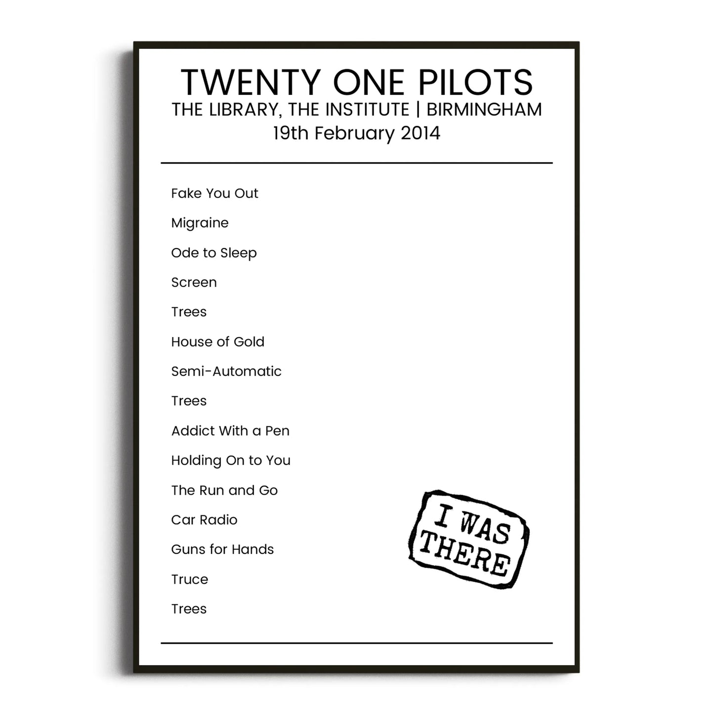 Twenty One Pilots Birmingham 19 February 2014 Setlist Poster