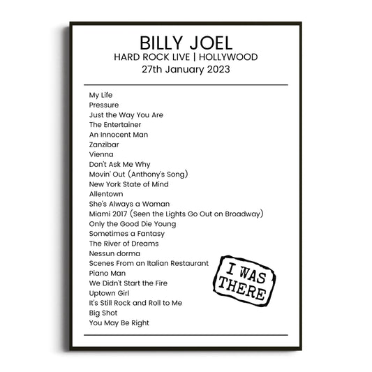 Billy Joel Hollywood 27 January 2023 Setlist Poster