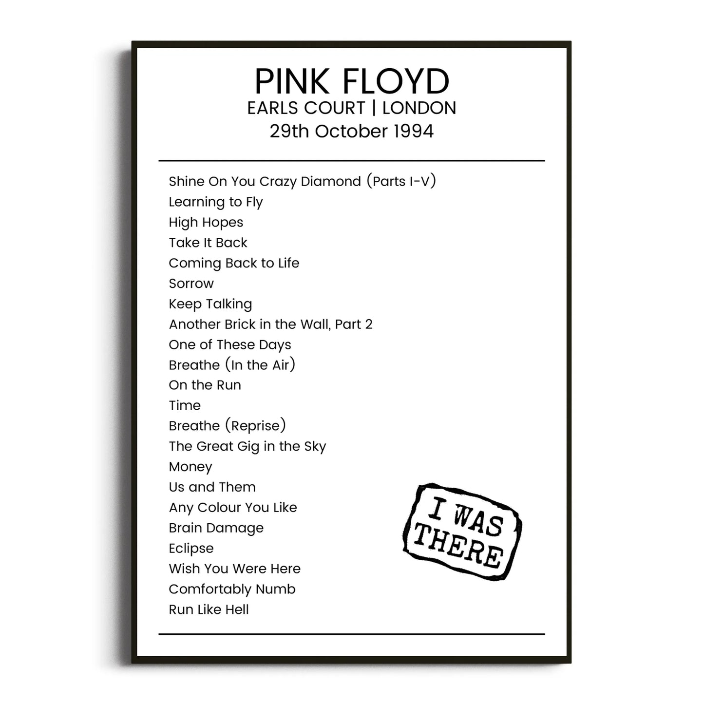 Pink Floyd London 29 October 1994 Setlist Poster