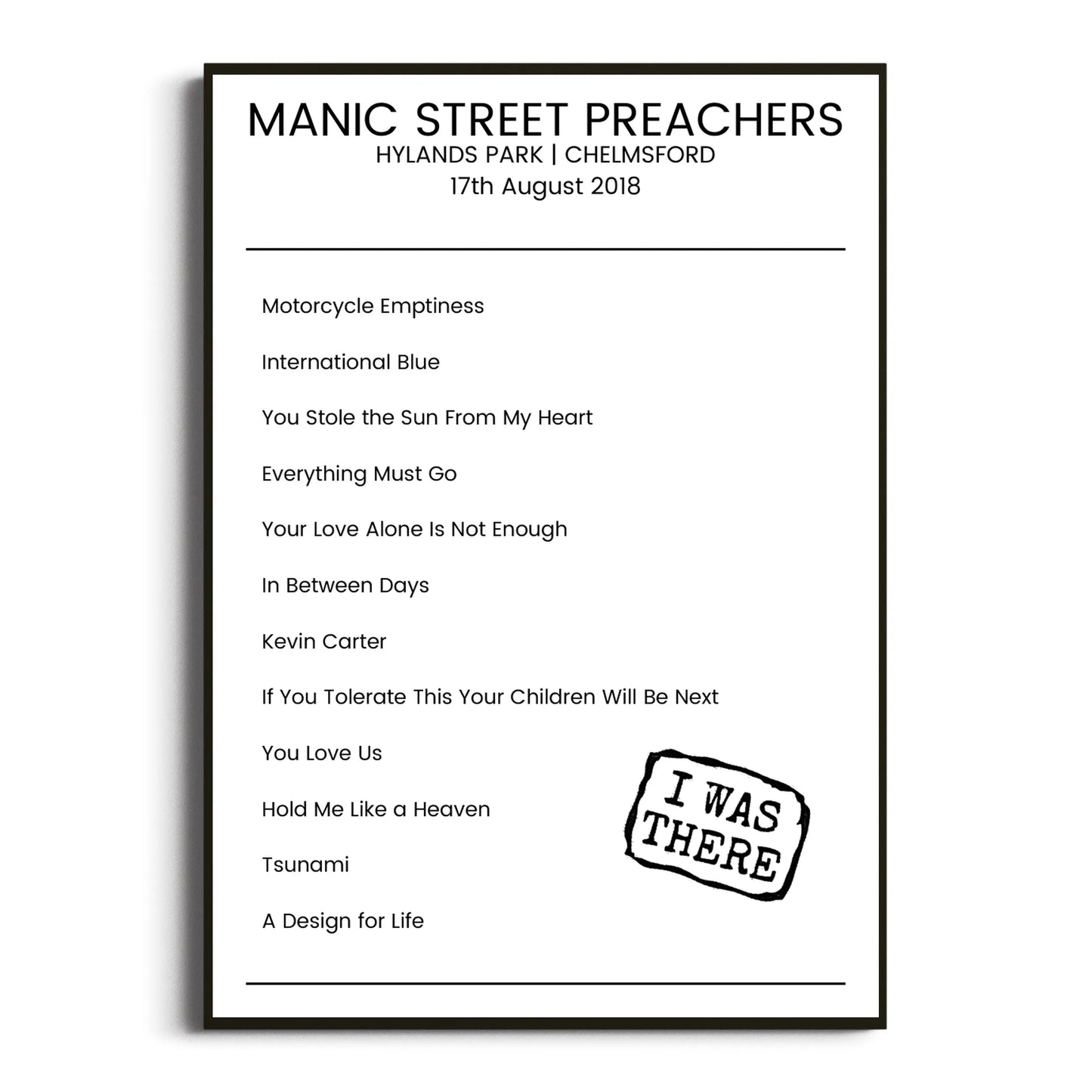 Manic Street Preachers Chelmsford 17 August 2018 Setlist Poster