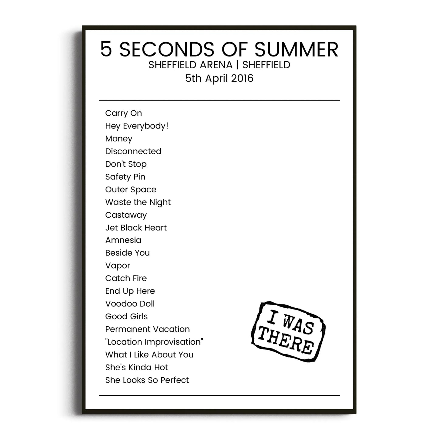 5 Seconds of Summer Sheffield 05 April 2016 Setlist Poster