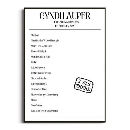 Cyndi Lauper London 11 February 2025 Setlist Poster