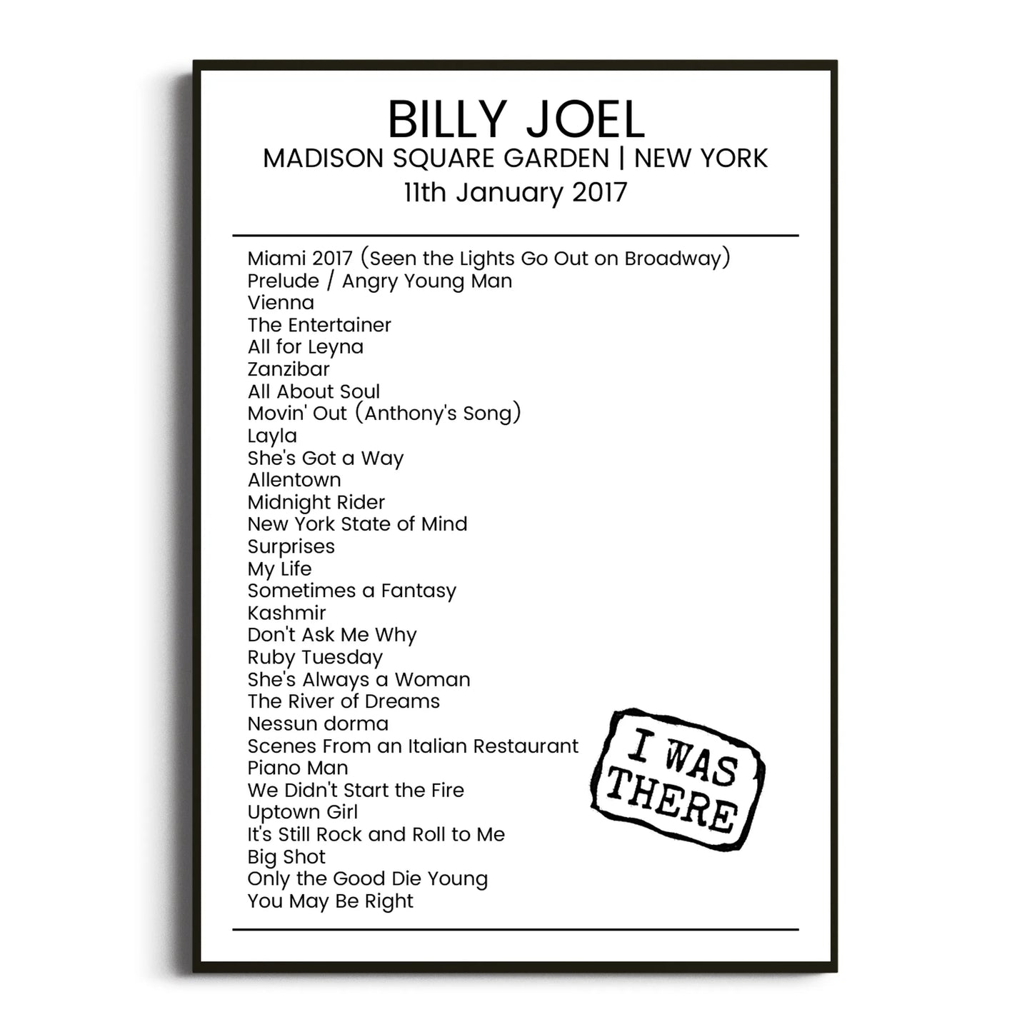 Billy Joel New York 11 January 2017 Setlist Poster