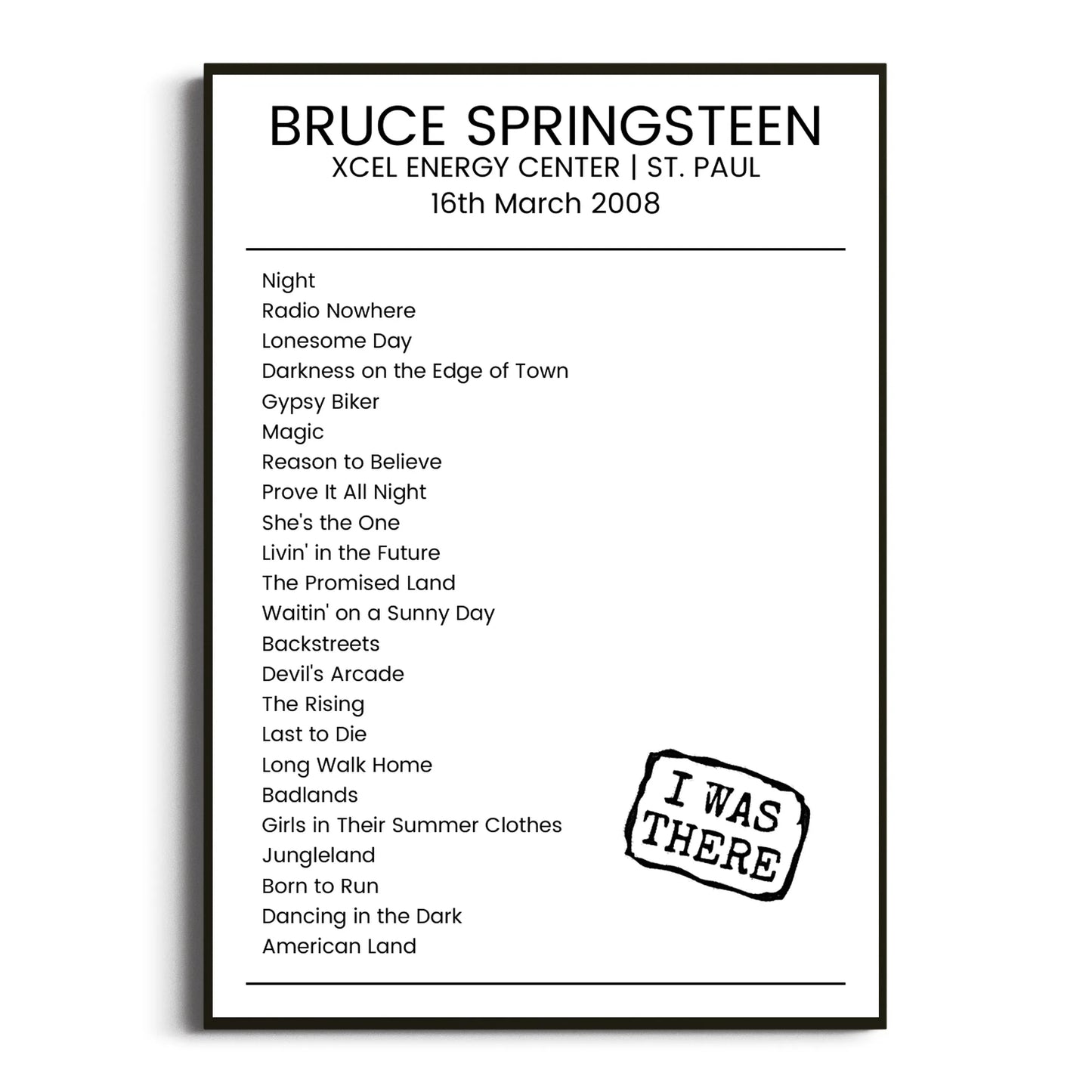 Bruce Springsteen St. Paul 16 March 2008 Setlist Poster