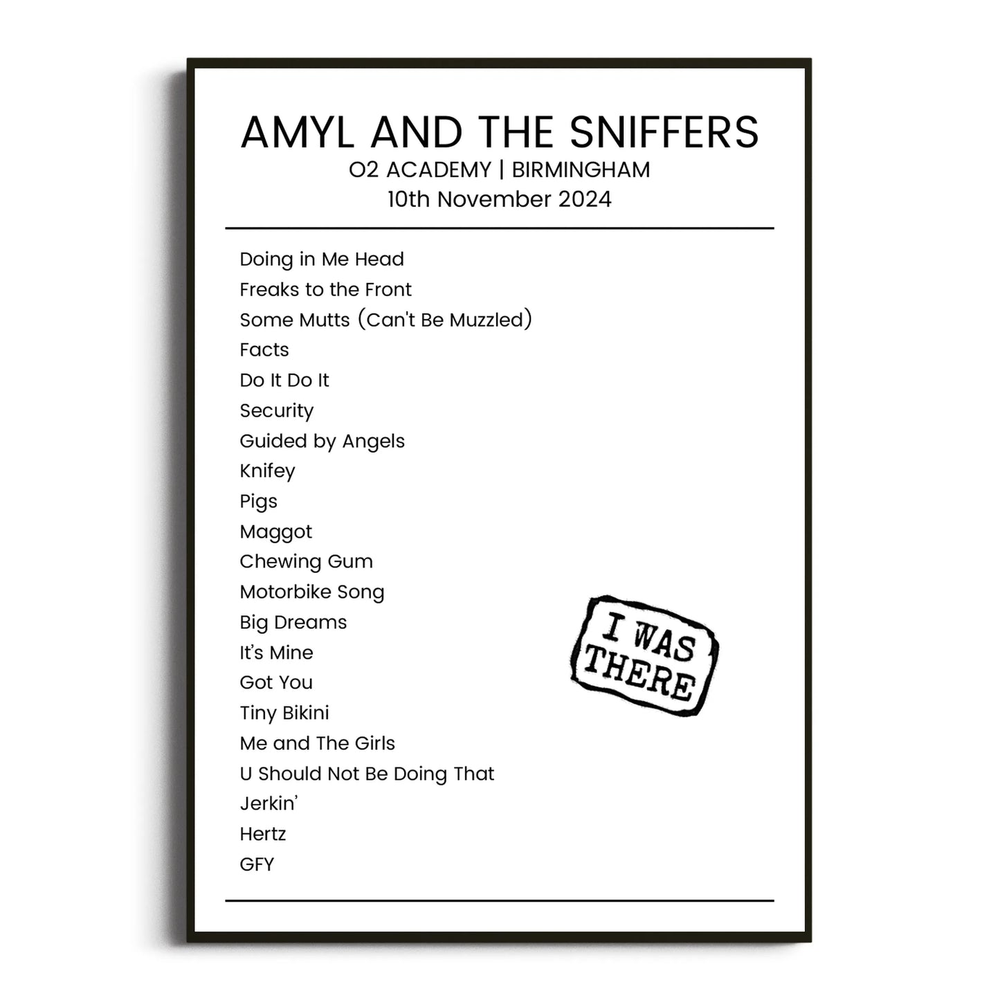 Amyl and the Sniffers Birmingham 10 November 2024 Setlist Poster