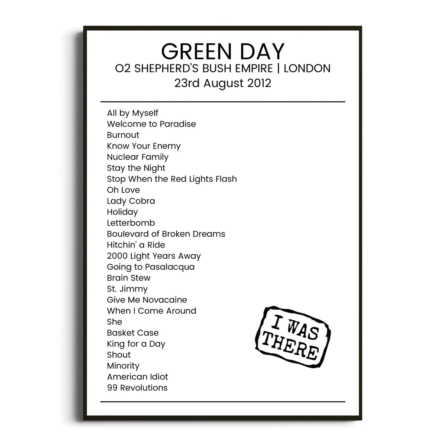 Green Day London 23 August 2012 Setlist Poster