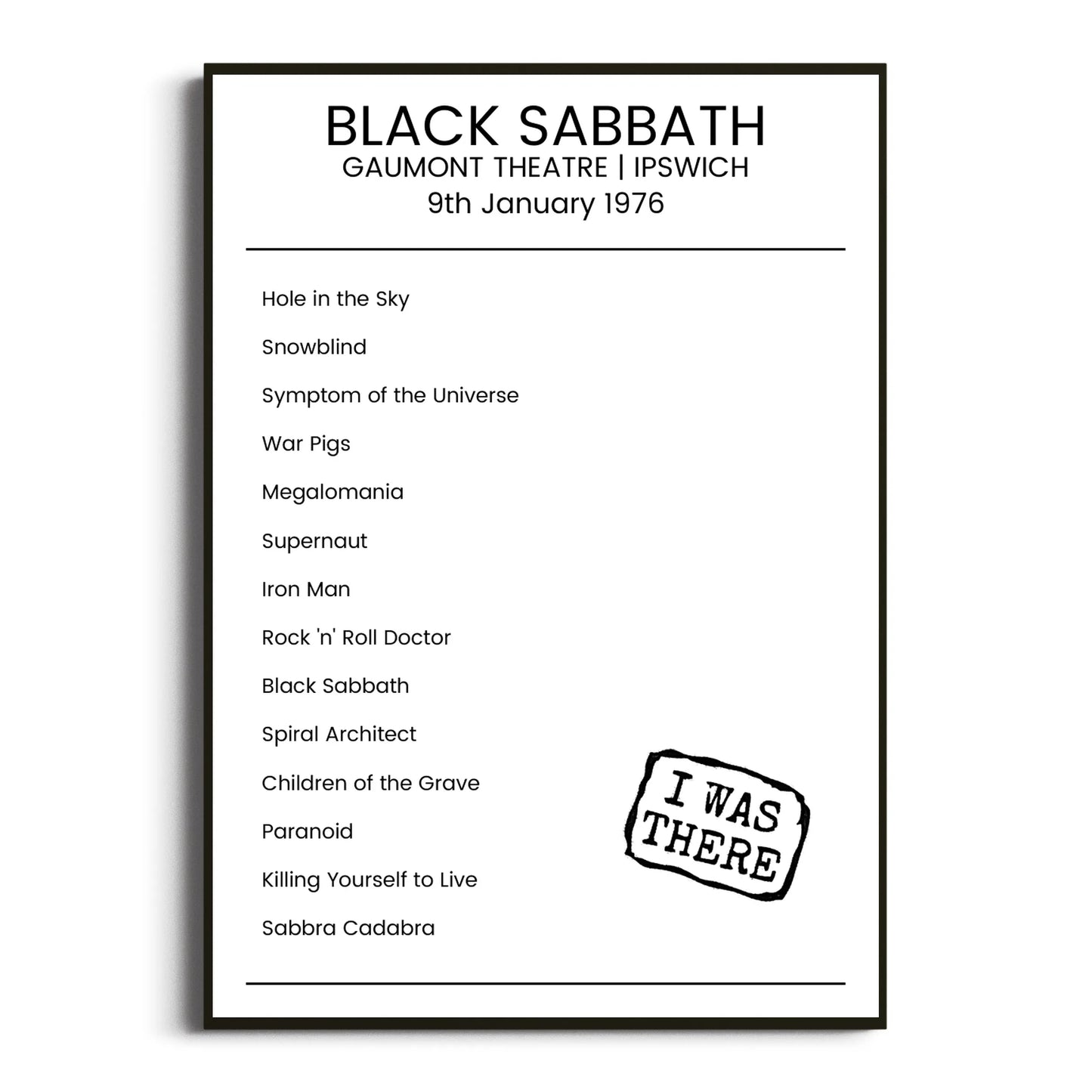 Black Sabbath Ipswich 09 January 1976 Setlist Poster