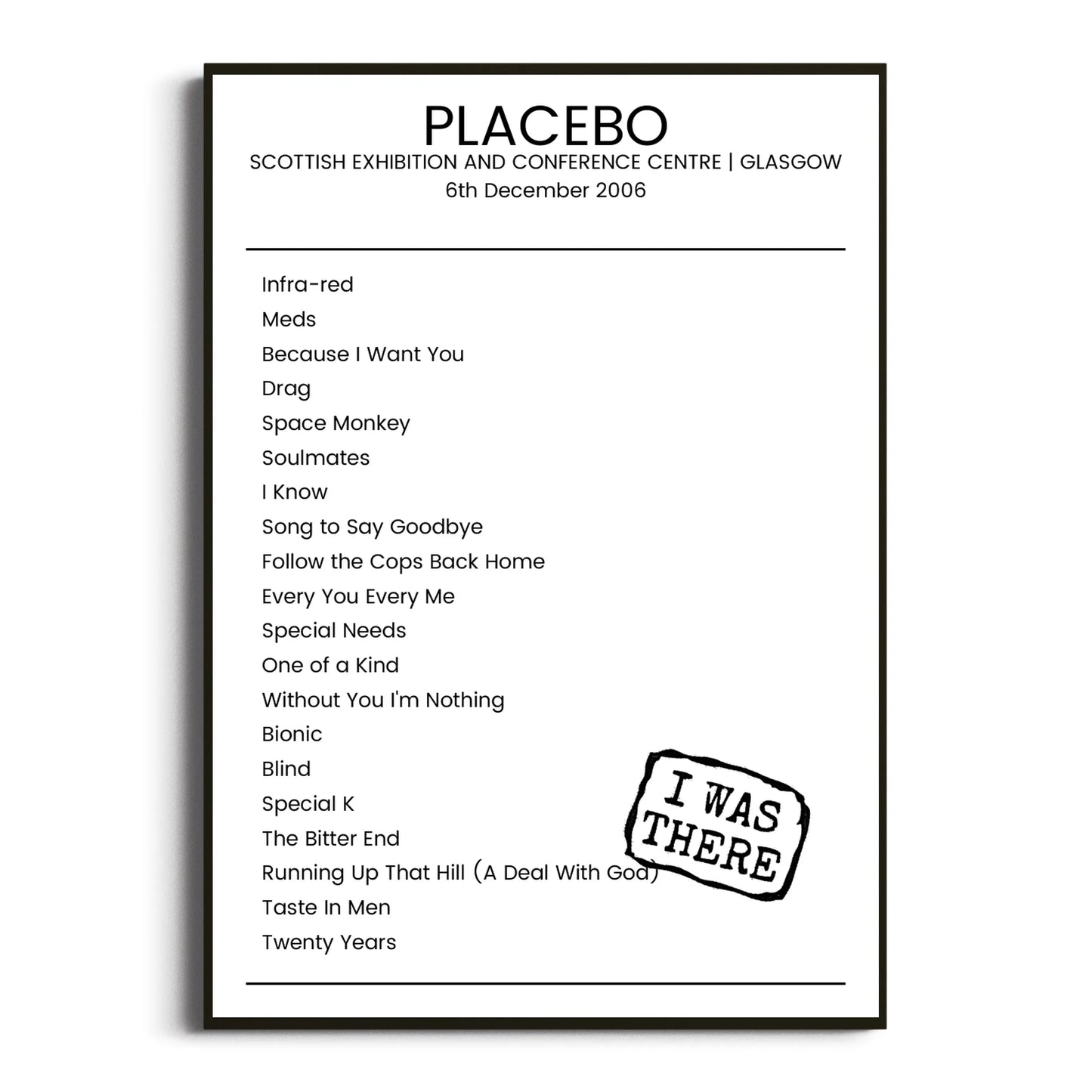 Placebo Glasgow 06 December 2006 Setlist Poster