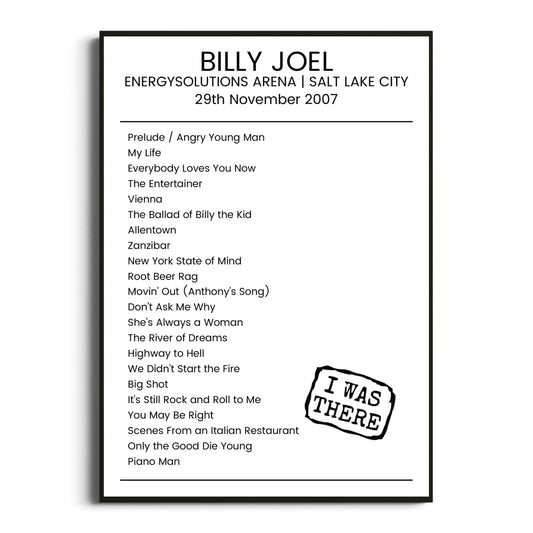 Billy Joel Salt Lake City 29 November 2007 Setlist Poster