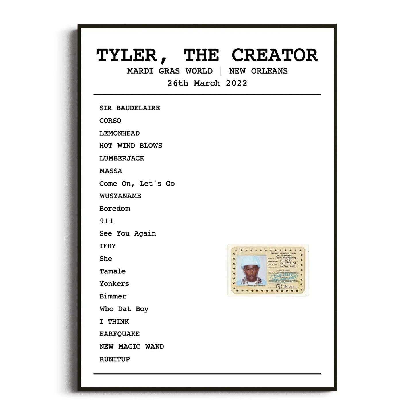 Tyler, The Creator New Orleans 26 March 2022 Setlist Poster