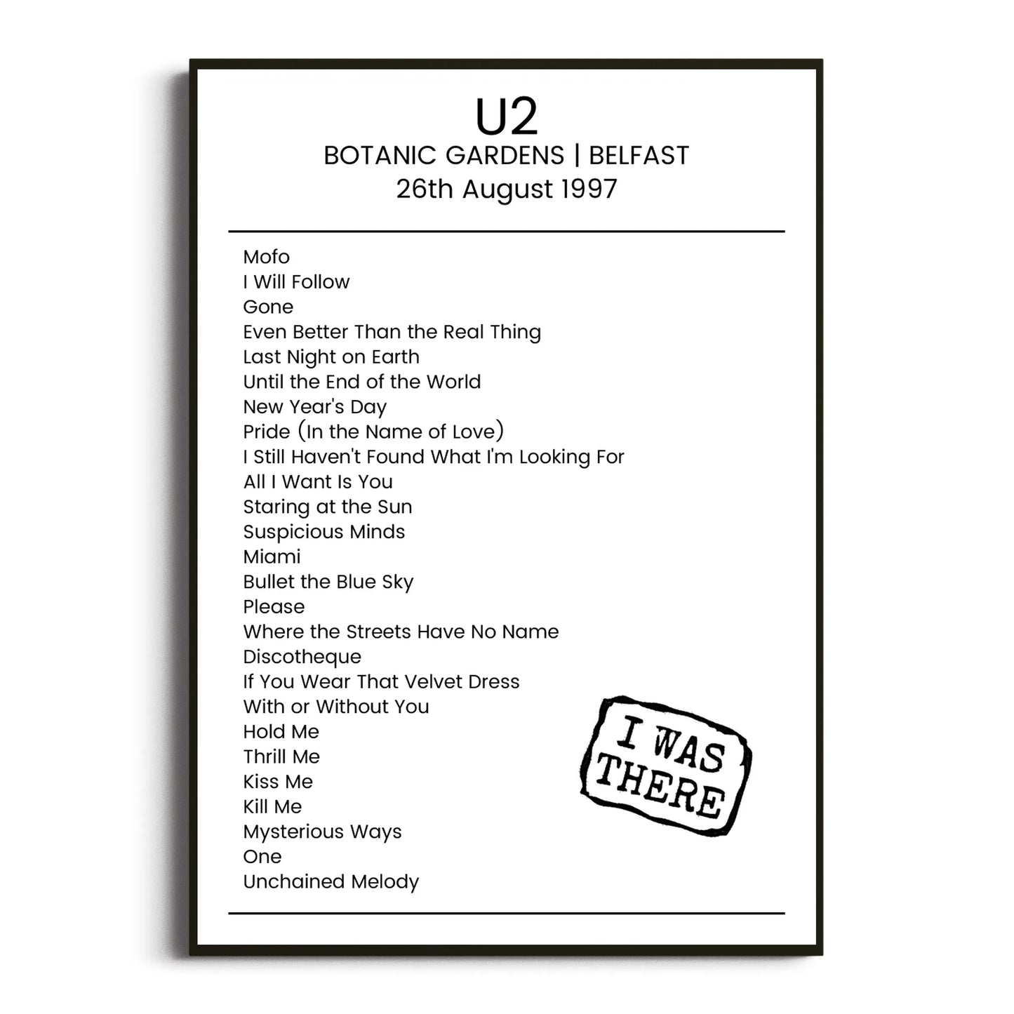 U2 Belfast 26 August 1997 Setlist Poster