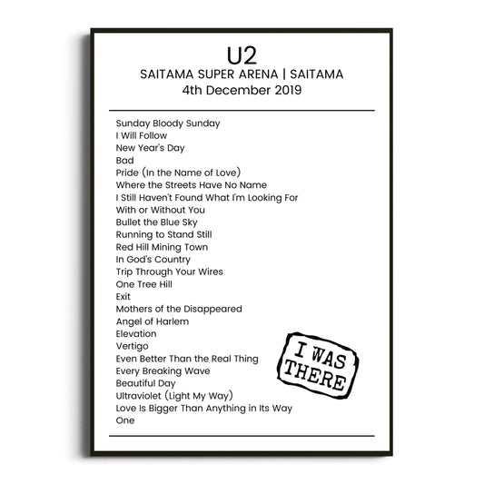 U2 Saitama 04 December 2019 Setlist Poster