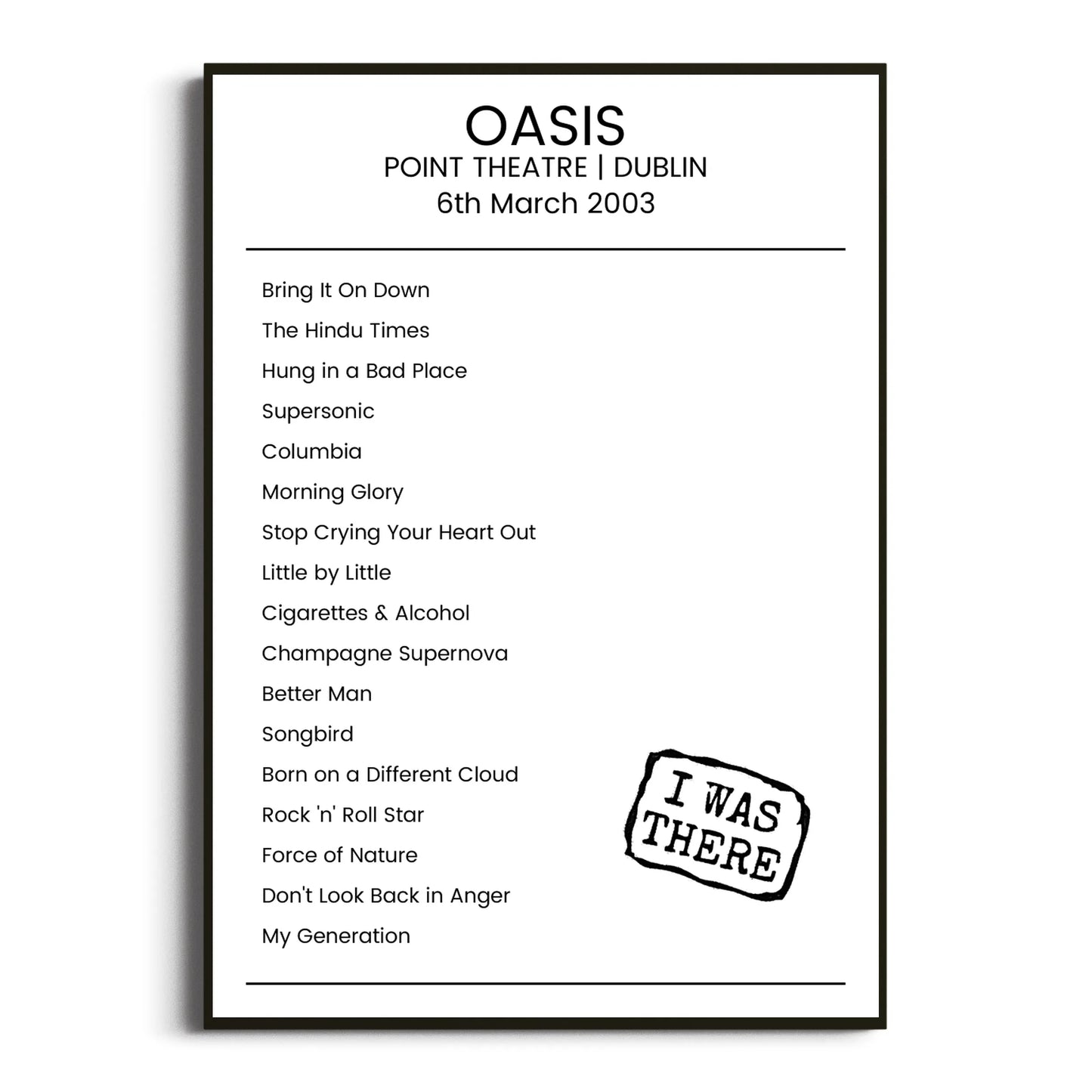 Oasis Dublin 06 March 2003 Setlist Poster