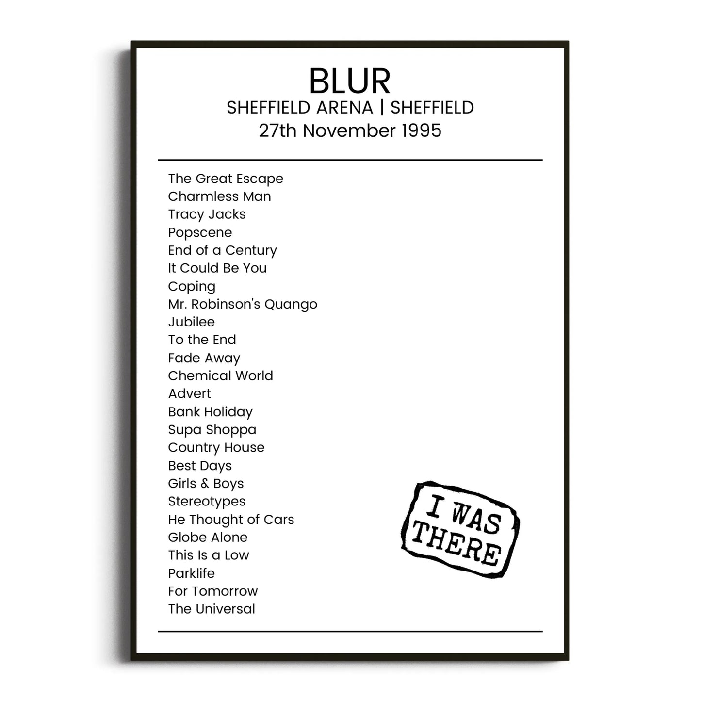 Blur Sheffield 27 November 1995 Setlist Poster