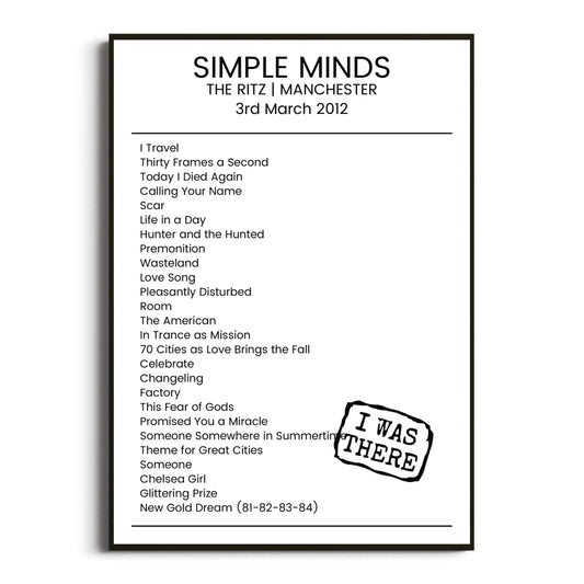 Simple Minds Manchester 03 March 2012 Setlist Poster