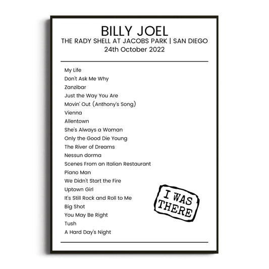 Billy Joel San Diego 24 October 2022 Setlist Poster