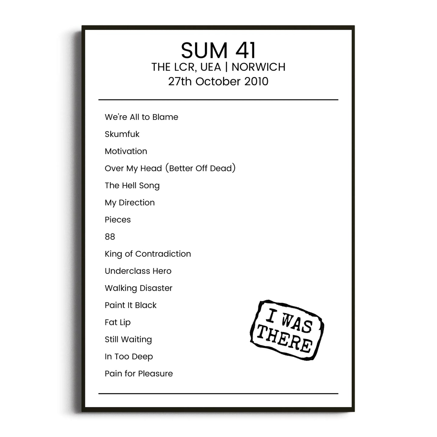 Sum 41 Norwich 27 October 2010 Setlist Poster