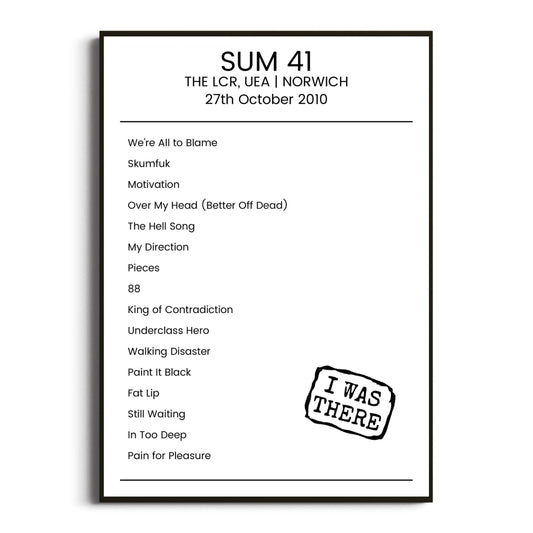 Sum 41 Norwich 27 October 2010 Setlist Poster