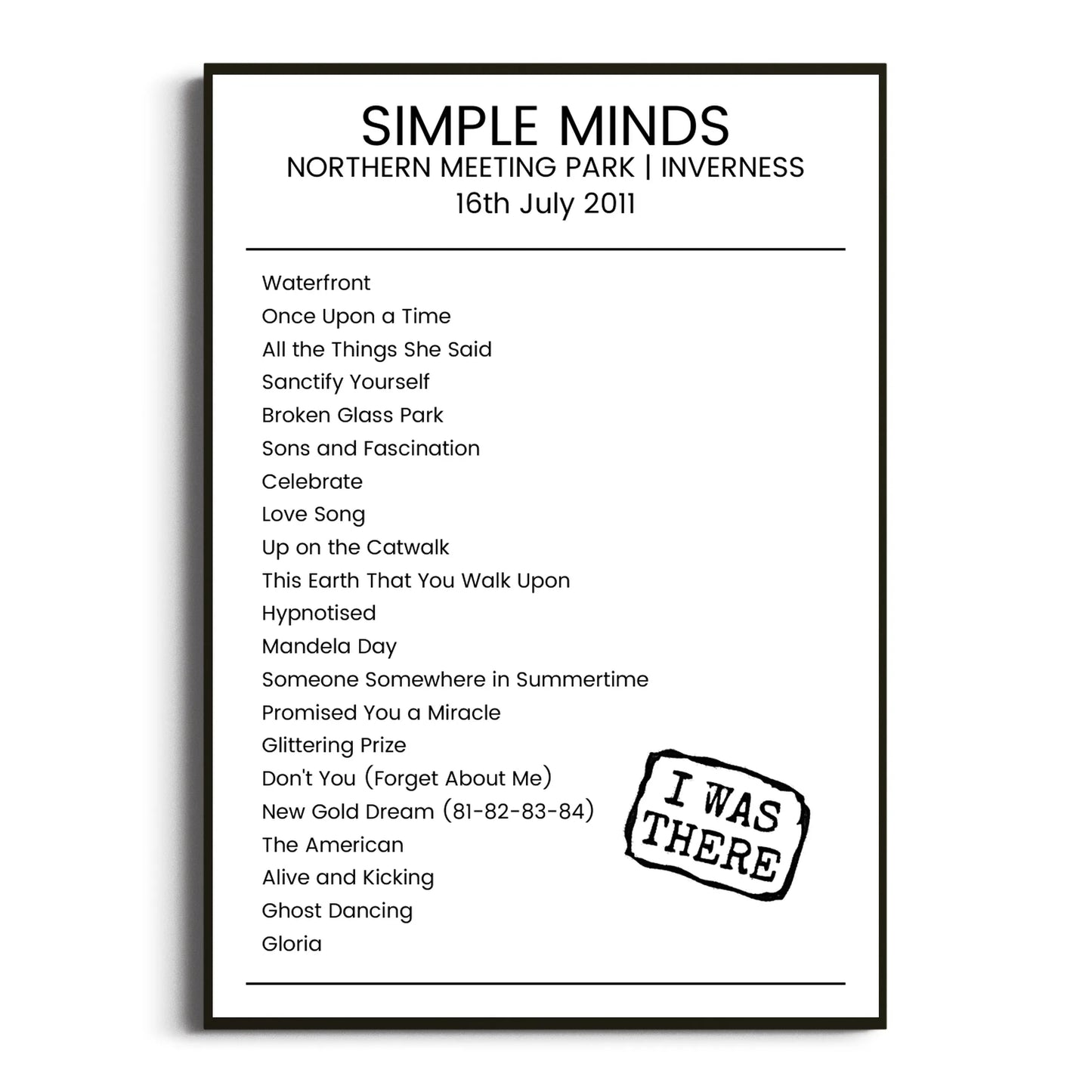 Simple Minds Inverness 16 July 2011 Setlist Poster