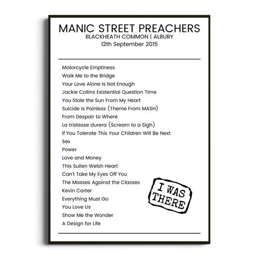 Manic Street Preachers Albury 12 September 2015 Setlist Poster