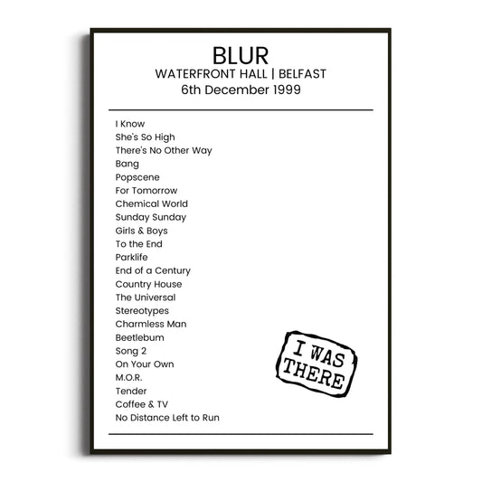 Blur Belfast 06 December 1999 Setlist Poster