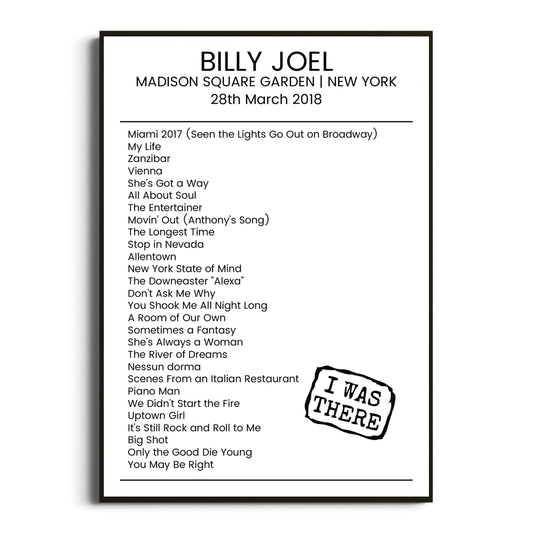 Billy Joel New York 28 March 2018 Setlist Poster