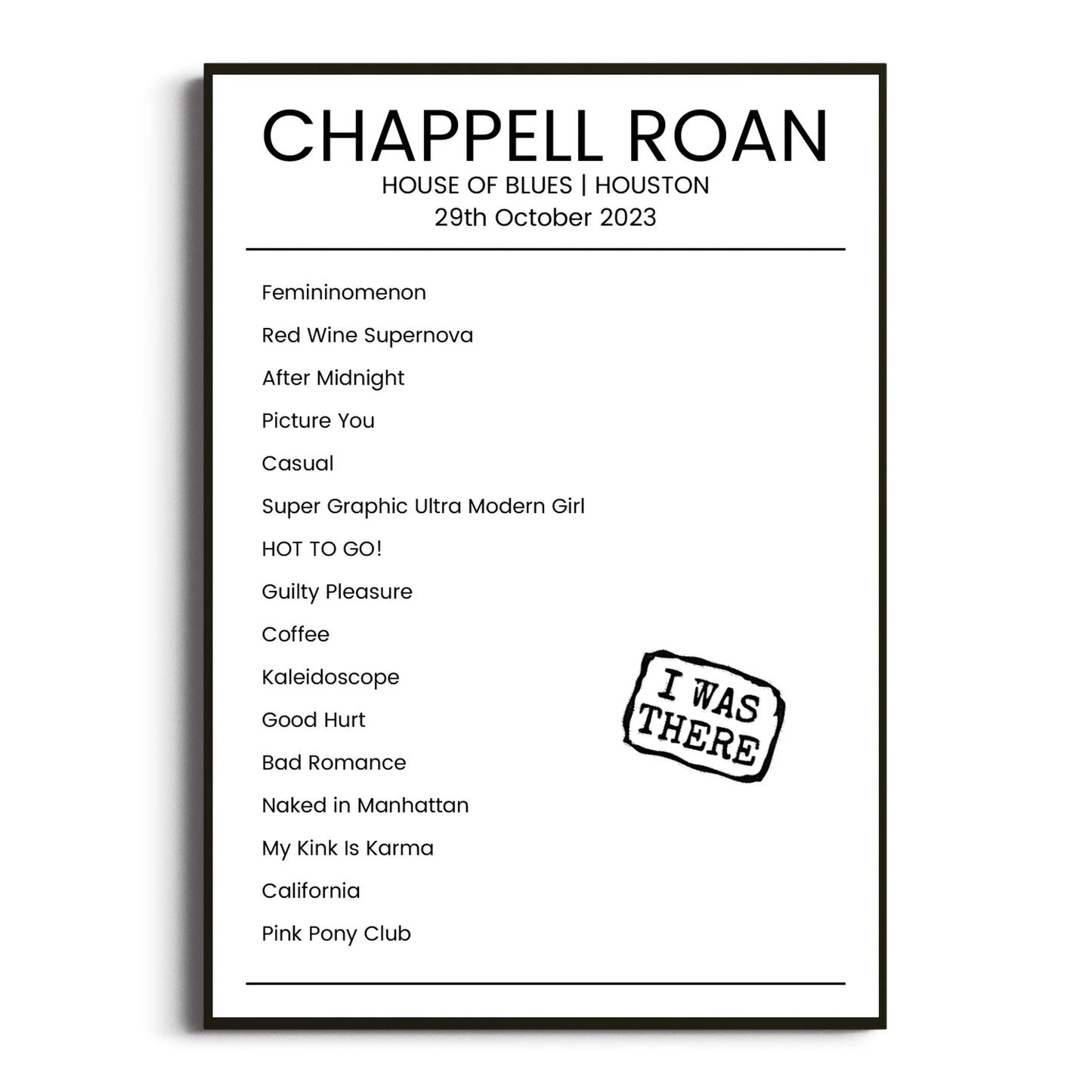 Chappell Roan Houston 29 October 2023 Setlist Poster