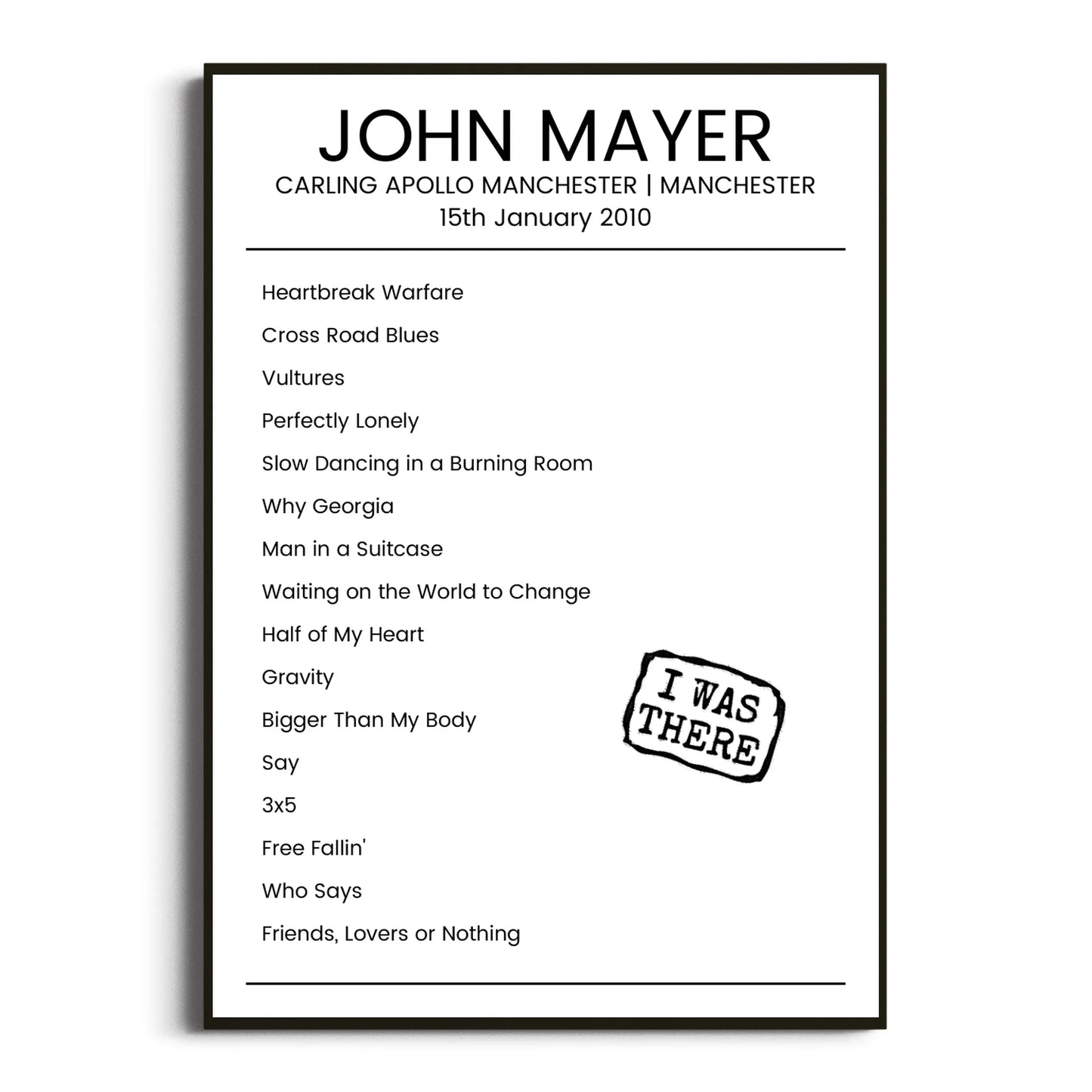 John Mayer Manchester 15 January 2010 Setlist Poster