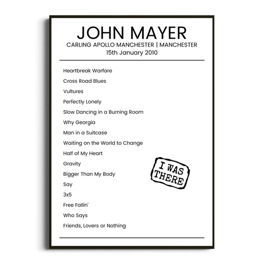 John Mayer Manchester 15 January 2010 Setlist Poster