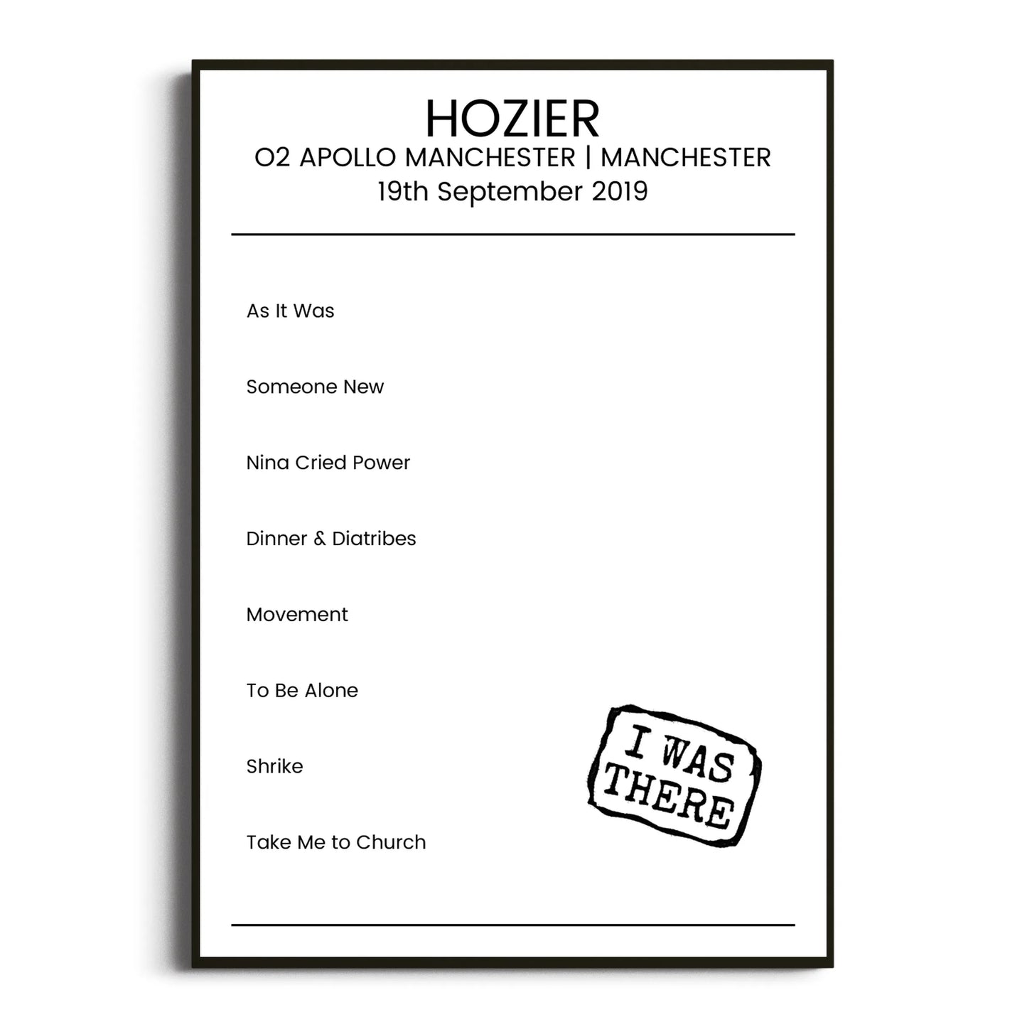 Hozier Manchester 19 September 2019 Setlist Poster