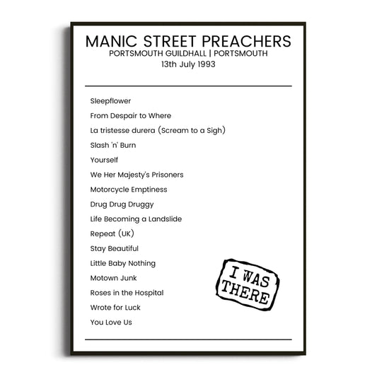 Manic Street Preachers Portsmouth 13 July 1993 Setlist Poster