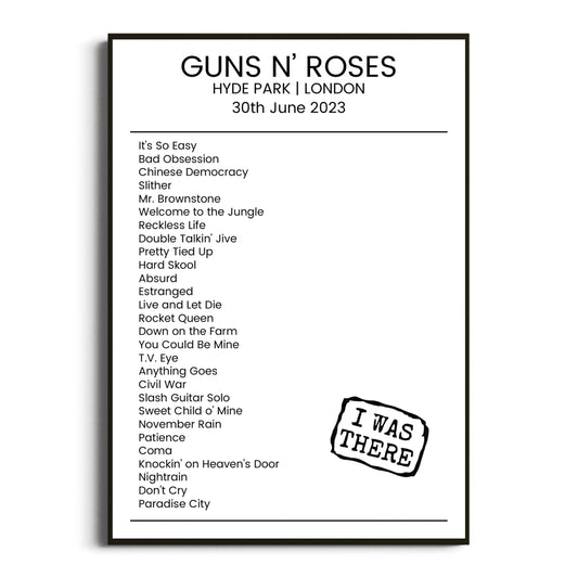 Guns N’ Roses London 30 June 2023 Setlist Poster