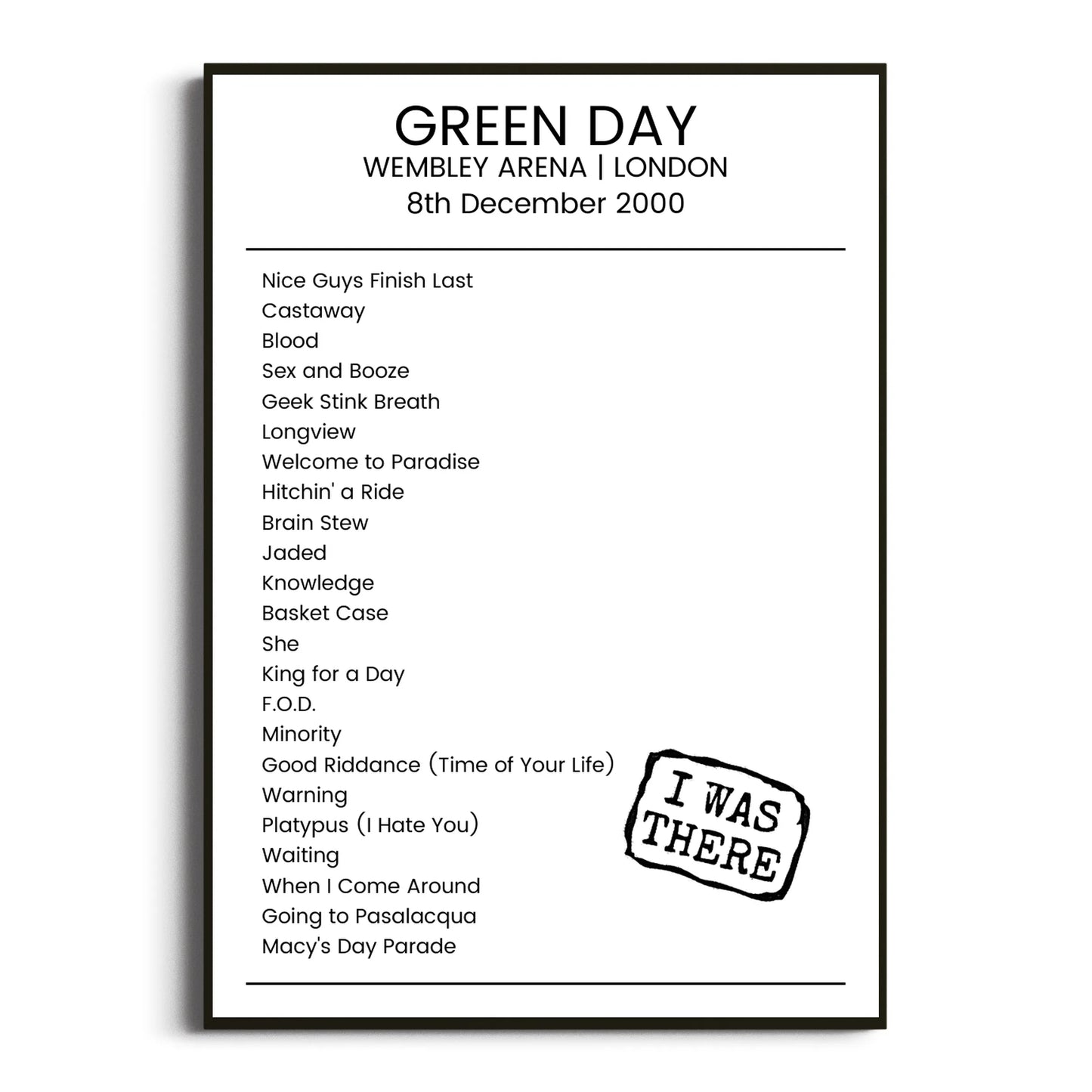 Green Day London 08 December 2000 Setlist Poster