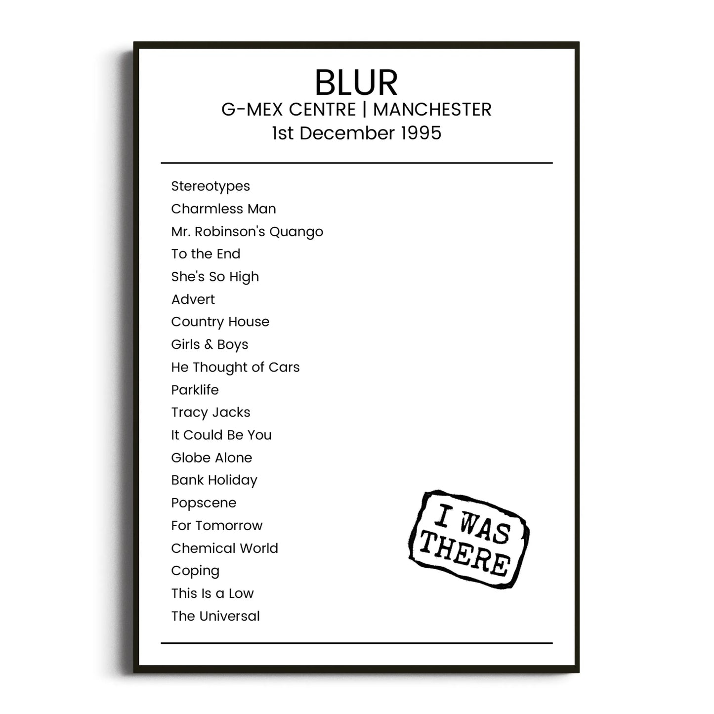 Blur Manchester 01 December 1995 Setlist Poster