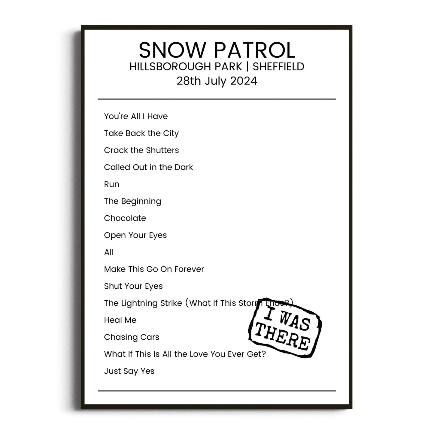 Snow Patrol Sheffield 28 July 2024 Setlist Poster