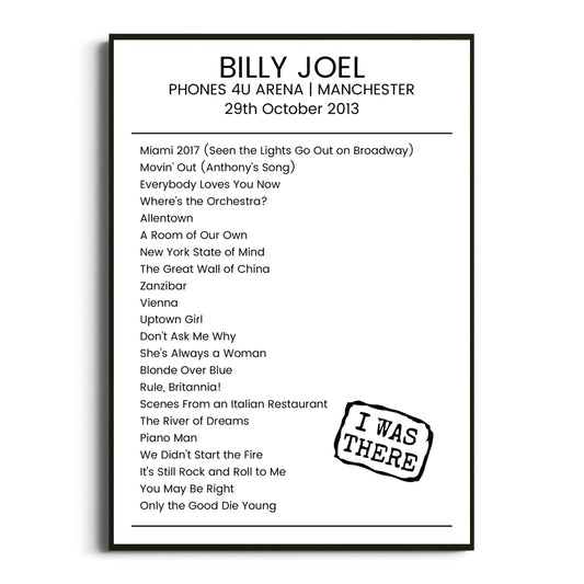 Billy Joel Manchester 29 October 2013 Setlist Poster