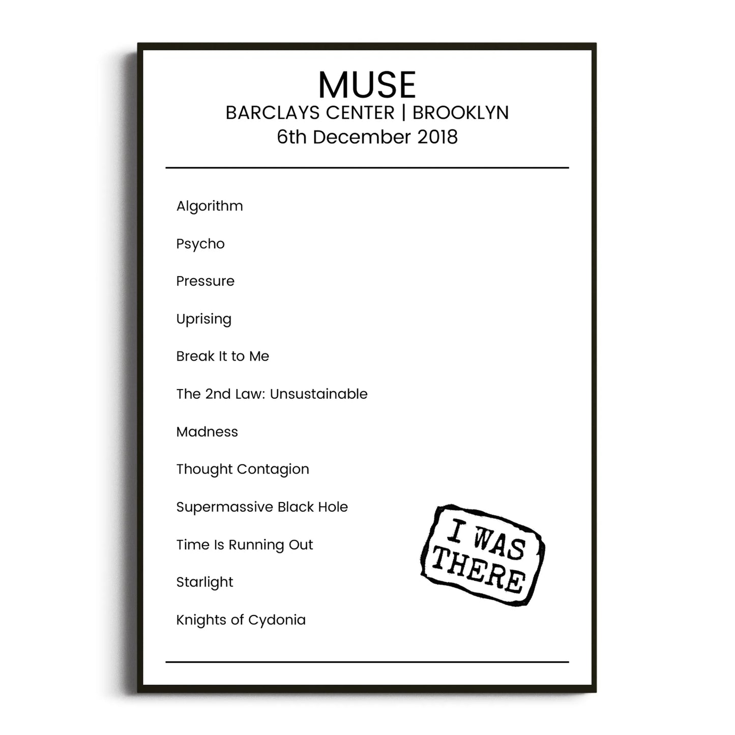 Muse Brooklyn 06 December 2018 Setlist Poster