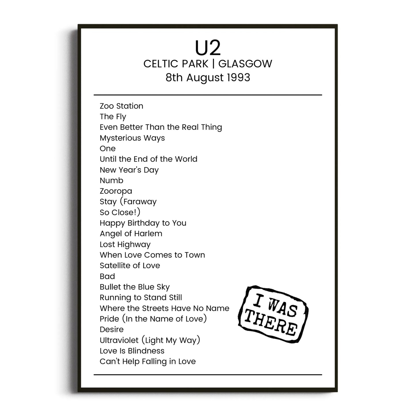 U2 Glasgow 08 August 1993 Setlist Poster