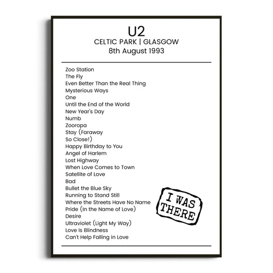 U2 Glasgow 08 August 1993 Setlist Poster