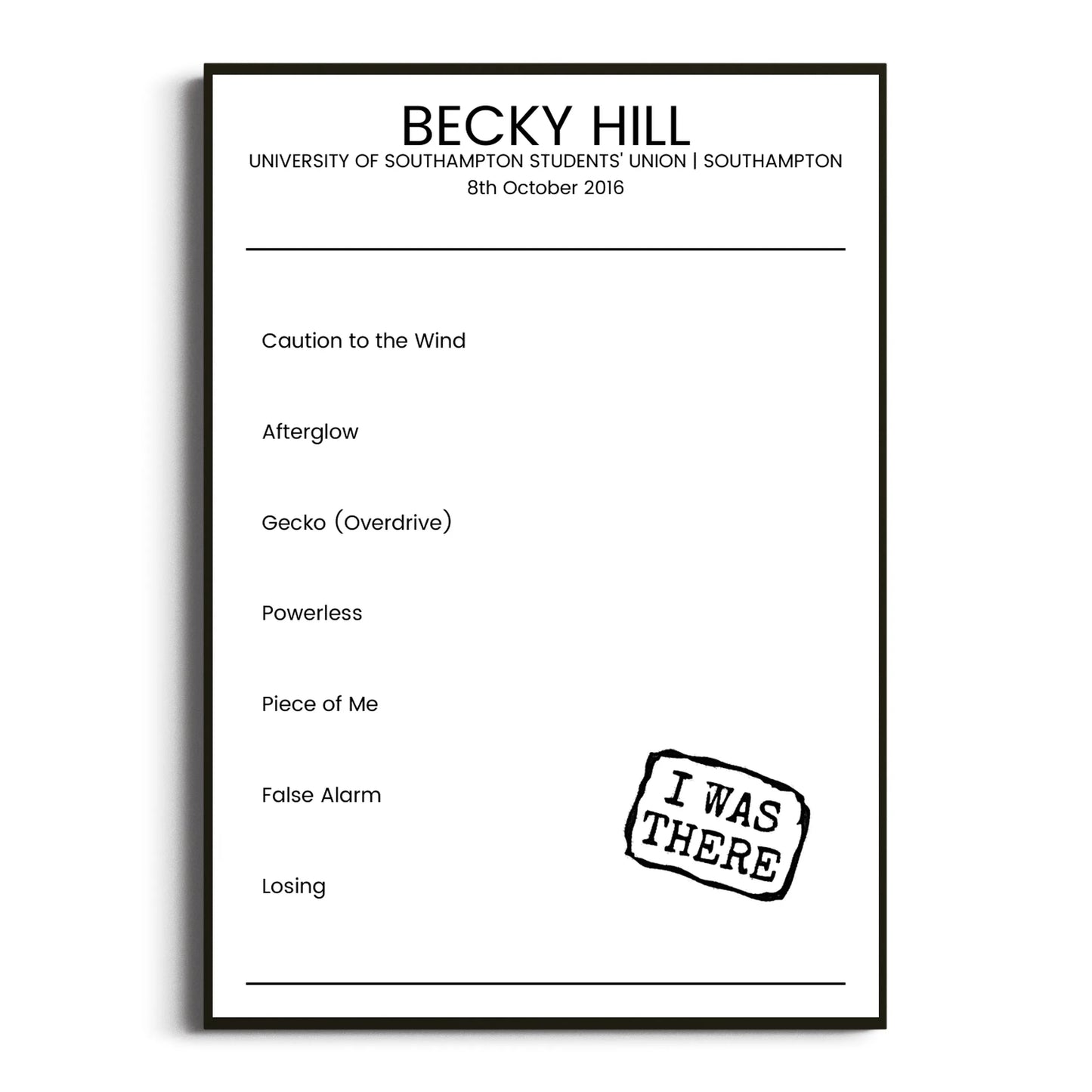 Becky Hill Southampton 08 October 2016 Setlist Poster