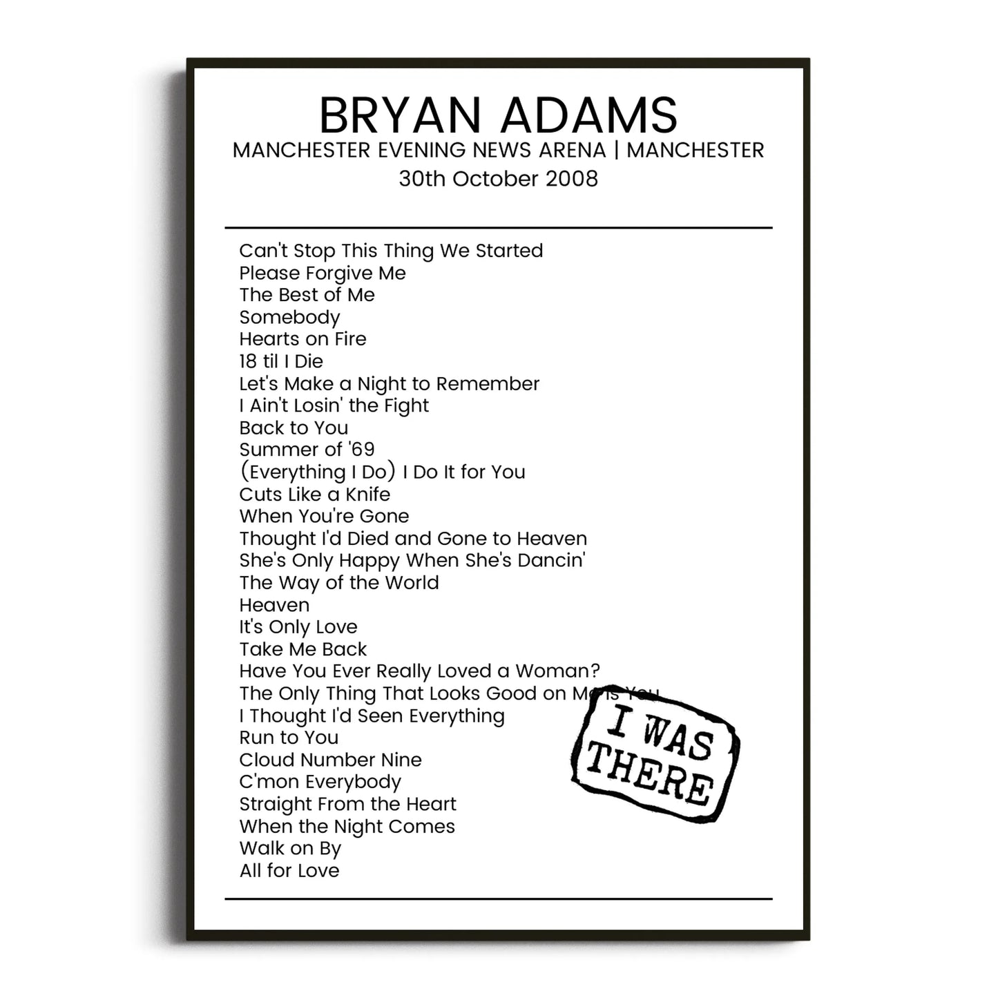 Bryan Adams Manchester 30 October 2008 Setlist Poster