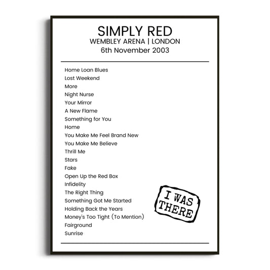 Simply Red London 06 November 2003 Setlist Poster