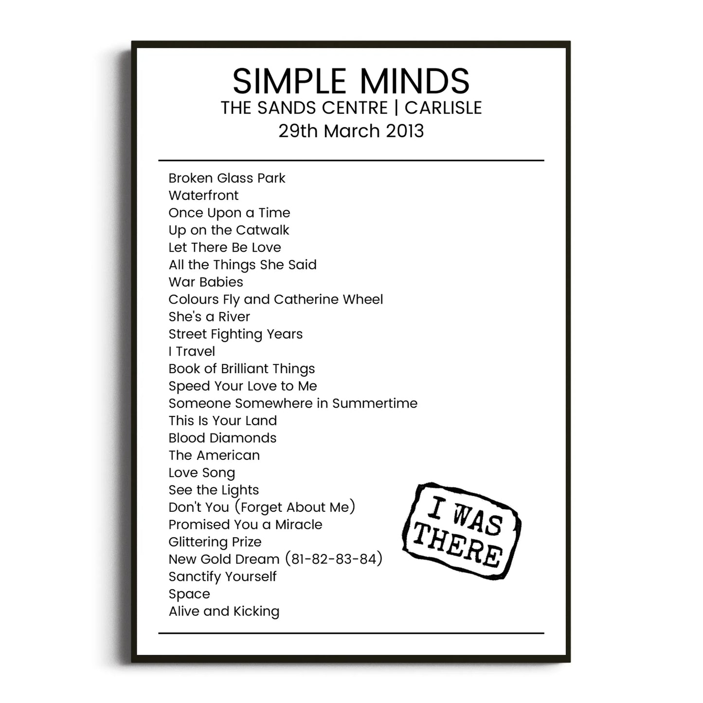 Simple Minds Carlisle 29 March 2013 Setlist Poster